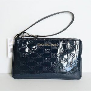 Michael Kors Jet Set Item large Gusset Top Zip Wristlet Patent Leather MK Navy